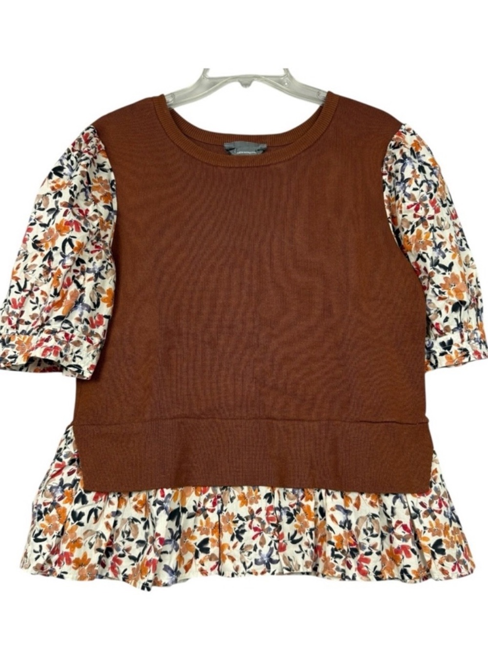 By Anthropologie Knit Cotton Layered Floral Puff Sleeve Blouse Academia Sz M